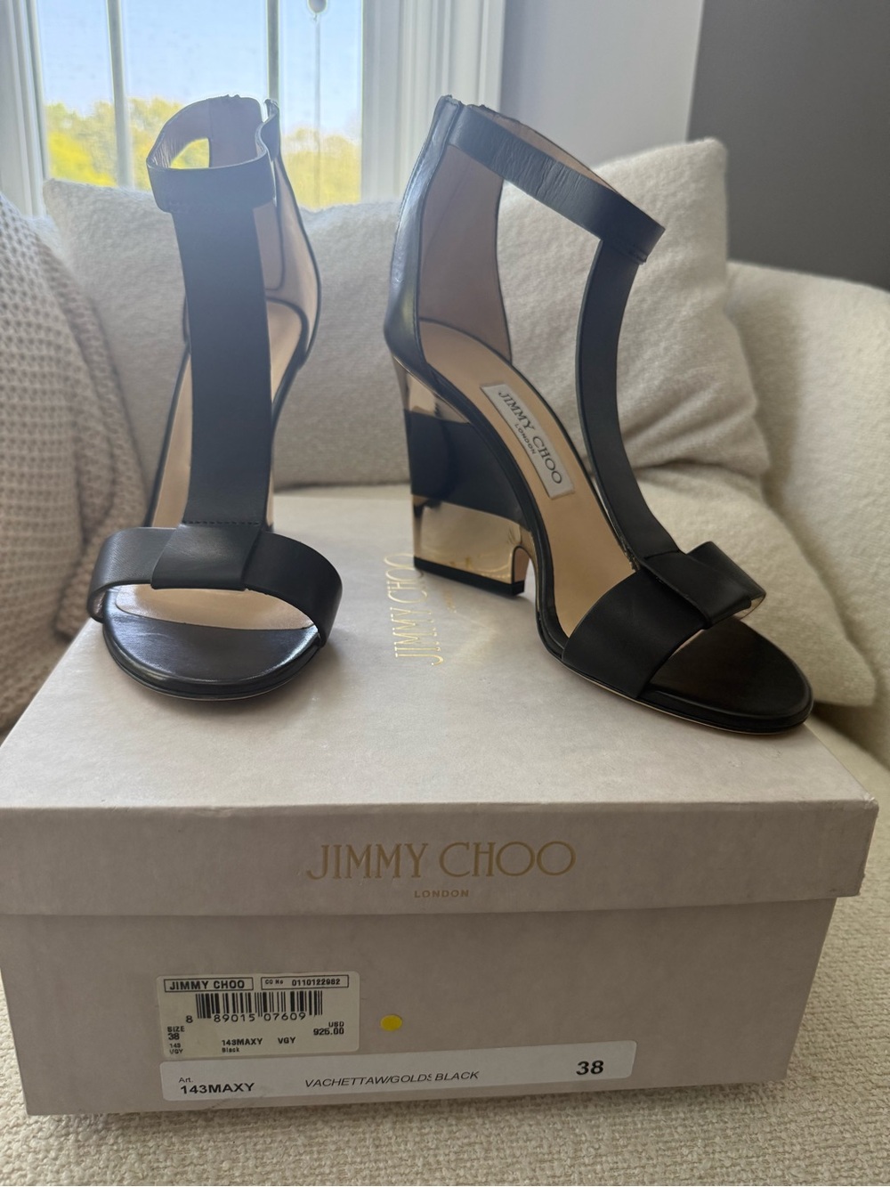 Jimmy Choo Black Leather T-Strap Heeled Sandals with Gold Accent